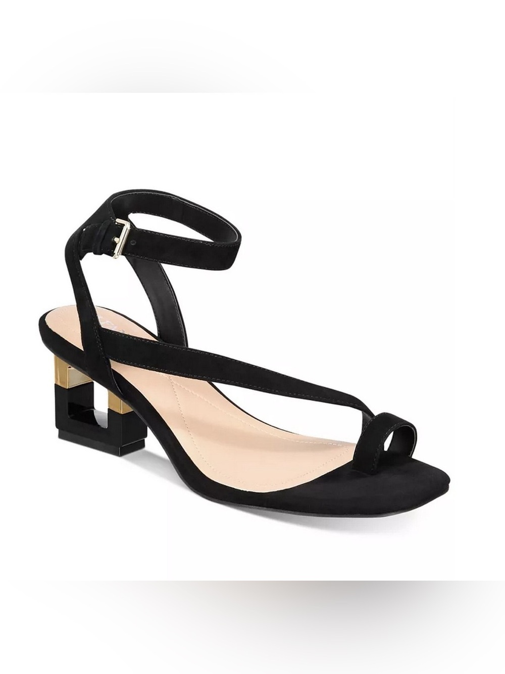 ALFANI WOMEN’S COREENA SQUARE-HEEL DRESS SANDALS IN BLACK WITH GOLD HEEL US 9.5